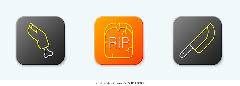 Set line Zombie finger, Tombstone with RIP written and Knife icon. Vector