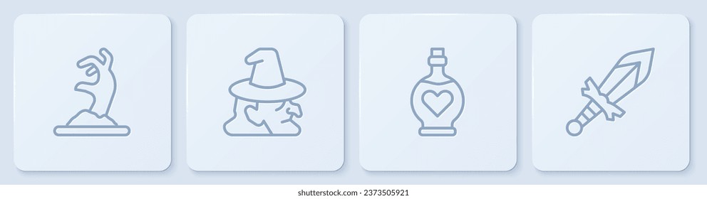 Set line Zombie hand, Bottle with love potion, Witch and Medieval sword. White square button. Vector