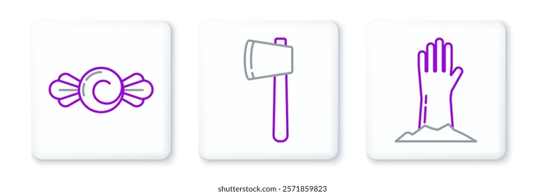 Set line Zombie hand, Candy and Wooden axe icon. Vector