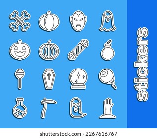 Set line Zombie hand, Eye, Bomb ready to explode, Vampire, Pumpkin, Crossed bones and Candy icon. Vector