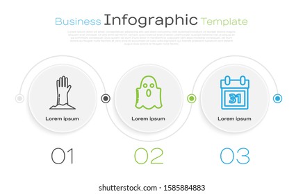 Set line Zombie hand , Ghost  and Calendar with Halloween date 31 october . Business infographic template. Vector