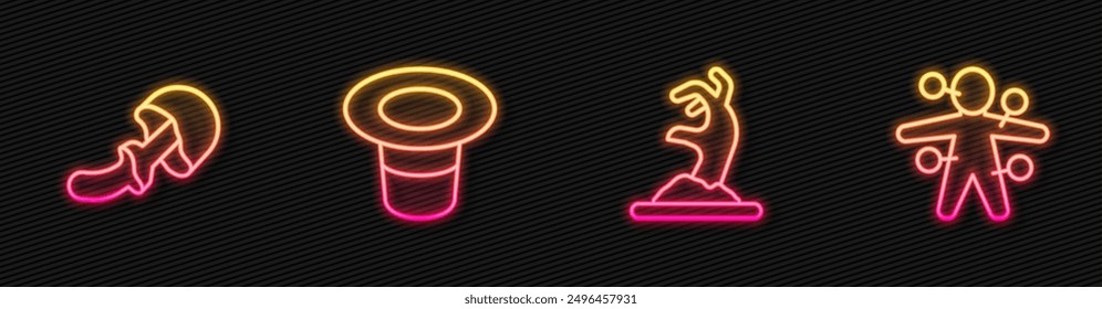 Set line Zombie hand, Psilocybin mushroom, Magic hat and Voodoo doll. Glowing neon icon. Vector