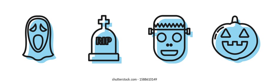 Set line Zombie mask , Funny and scary ghost mask for Halloween , Tombstone with RIP and Pumpkin  icon. Vector