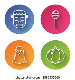 Set line Zombie mask , Lollipop , Ghost  and Pumpkin . Color circle button. Vector