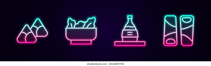 Set line Zongzi in bamboo steamer, Wonton, Bottle of sake and Guotie. Glowing neon icon. Vector