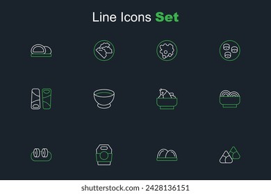 Set line Zongzi in bamboo steamer, Sushi, Asian noodles paper box, bowl, Rice with fish, Soy sauce and Guotie icon. Vector