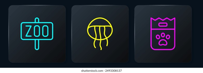 Set line Zoo park, Bag of food and Jellyfish. Black square button. Vector