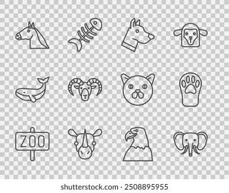Set line Zoo park, Elephant, Dog head, Rhinoceros, Horse, Head of goat ram, Eagle and Paw print icon. Vector