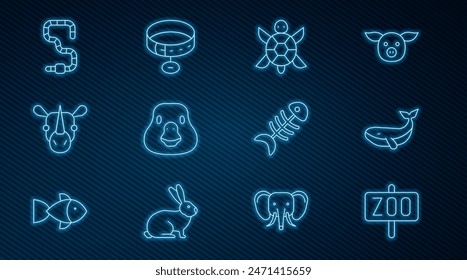 Set line Zoo park, Whale, Turtle, Goose bird, Rhinoceros, Worm, Fish skeleton and Collar with name tag icon. Vector