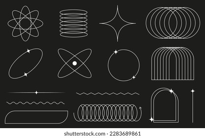 Un conjunto de formas abstractas y geométricas lineales en el estilo del año 2000. Elementos gráficos de moda en un fondo negro.