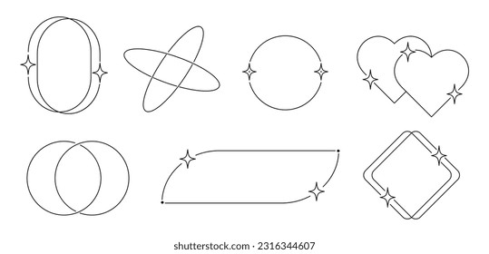 A set of linear abstract, geometric shapes in the style of Y2K . Trendy graphic elements on a black background