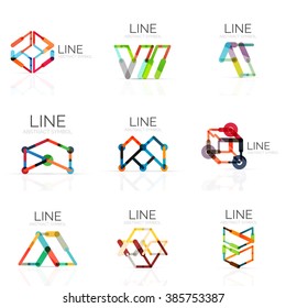 Set of linear abstract logos, connected multicolored segments lines in geometrical figures