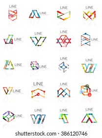 Set of linear abstract logos, connected multicolored segments lines in geometrical figures
