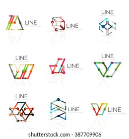 Set of linear abstract logos, connected multicolored segments lines in geometrical figures