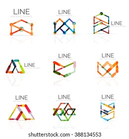 Set of linear abstract logos, connected multicolored segments of lines in geometrical figures. Vector wire business icon collection isolated on white