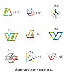 Set of linear abstract logos, connected multicolored segments lines in geometrical figures