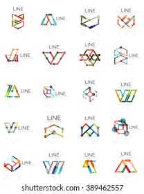 Set of linear abstract logos, connected multicolored segments of lines in geometrical figures. Vector wire business icon collection isolated on white