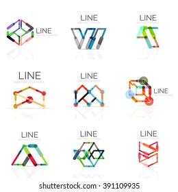 Set of linear abstract logos, connected multicolored segments of lines in geometrical figures. Vector wire business icon collection isolated on white