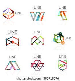 Set of linear abstract logos, connected multicolored segments of lines in geometrical figures. Vector wire business icon collection isolated on white