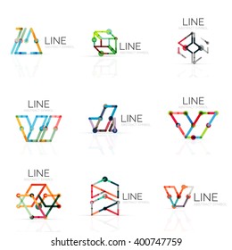 Set of linear abstract logos, connected multicolored segments of lines in geometrical figures. Vector wire business icon collection isolated on white