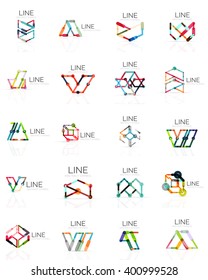 Set of linear abstract logos, connected multicolored segments of lines in geometrical figures. Vector wire business icon collection isolated on white