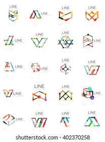 Set of linear abstract logos, connected multicolored segments of lines in geometrical figures. Vector wire business icon collection isolated on white