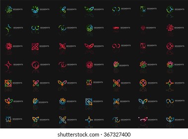 Conjunto de logos abstractos lineales. Swirl, círculo, bucle infinito y otros conceptos. Plantillas de marcas de logotipo