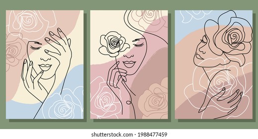 set of linear abstract portraits in minimalism style, line art. beautiful girls with flowers on a pastel colorful background with textures. can be used as a poster, cover, template,
postcard. EPS 
		