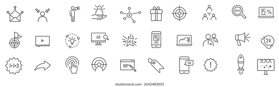 set linear advertising icons marketing icons simple design