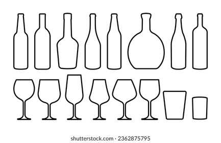 Set von linearen Alkoholflaschen und Brillen Vektorsymbole. Die schwarze Silhouette wird mit Wein, Cognac, Champagner, Bierflasche und Glas in Schwarz gehalten. Alkoholsammlung.