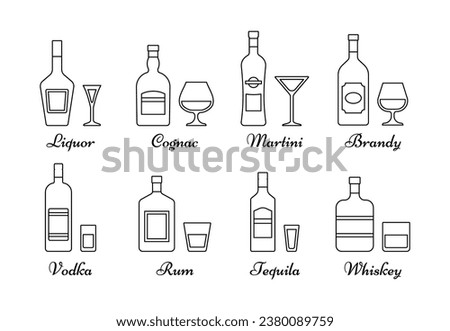 Set of linear alcohol bottles and glasses. Outline icons beverages in flat design. Black alcoholic drinks with wineglasses isolated on white background. Thin line style. Vector illustration.