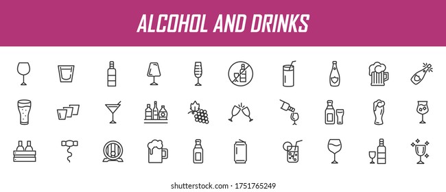 Conjunto de iconos lineales de alcohol. Beba iconos en un diseño sencillo. Ilustración del vector