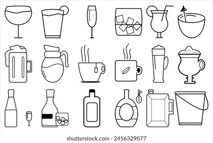 Conjunto de iconos de alcohol lineal. Icono de bebida en diseño simple. Icono de cubo, icono de kerigen. Icono de hervidor Icono de Ilustración vectorial