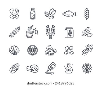 Set of linear allergens icons. Eggs, milk, seafood, mushrooms and nuts. Design elements for application or website. Healthy lifestyle. Outline simple vector collection isolated on white background