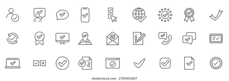 definir ícones lineares de aprovação ícone de verificação design simples ilustração de vetor