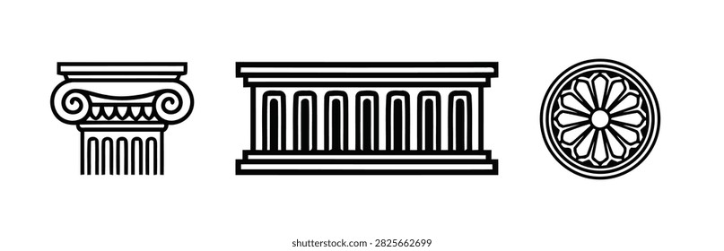 Set of Linear Architectural Elements Featuring a Classical Greek Ionic Column Temple Frieze and Decorative Circular Ornament