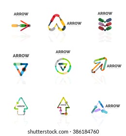 Set of linear arrow abstract logos, connected multicolored segments lines in directional pointer figures