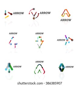 Set of linear arrow abstract logos, connected multicolored segments lines in directional pointer figures