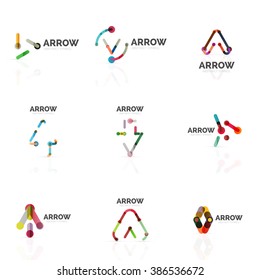 Set of linear arrow abstract logos, connected multicolored segments lines in directional pointer figures