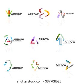 Set of linear arrow abstract logos, connected multicolored segments lines in directional pointer figures