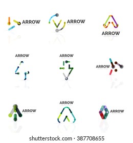 Set of linear arrow abstract logos, connected multicolored segments lines in directional pointer figures