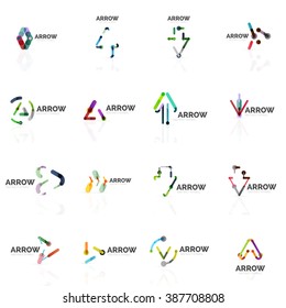 Set of linear arrow abstract logos, connected multicolored segments lines in directional pointer figures