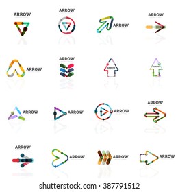 Set of linear arrow abstract logos, connected multicolored segments lines in directional pointer figures