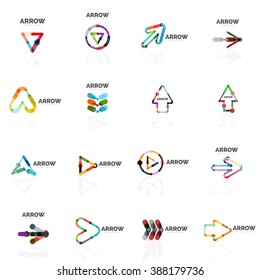 Conjunto de logotipos abstractos de flecha lineal, segmentos multicolores conectados de líneas en figuras de puntero direccional. Colección de iconos comerciales de alambre de vectores aislados en blanco