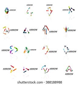 Set of linear arrow abstract logos, connected multicolored segments of lines in directional pointer figures. Vector wire business icon collection isolated on white