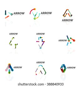 Set of linear arrow abstract logos, connected multicolored segments lines in directional pointer figures