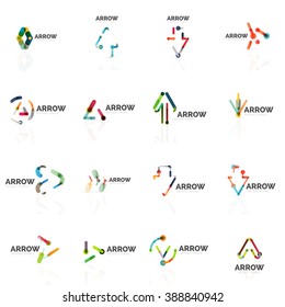 Set of linear arrow abstract logos, connected multicolored segments lines in directional pointer figures