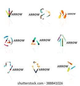 Set of linear arrow abstract logos, connected multicolored segments lines in directional pointer figures