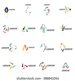 Set of linear arrow abstract logos, connected multicolored segments lines in directional pointer figures