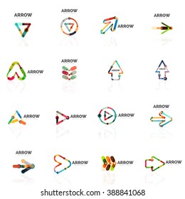 Set of linear arrow abstract logos, connected multicolored segments lines in directional pointer figures